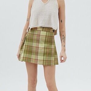 Urban Outfitters | Pleated Plaid A-Line Mini Skirt In Green Multi Size Medium